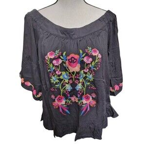 Muselooks Black Embroidered Top Size Large Peasant Boho Hippie NWT